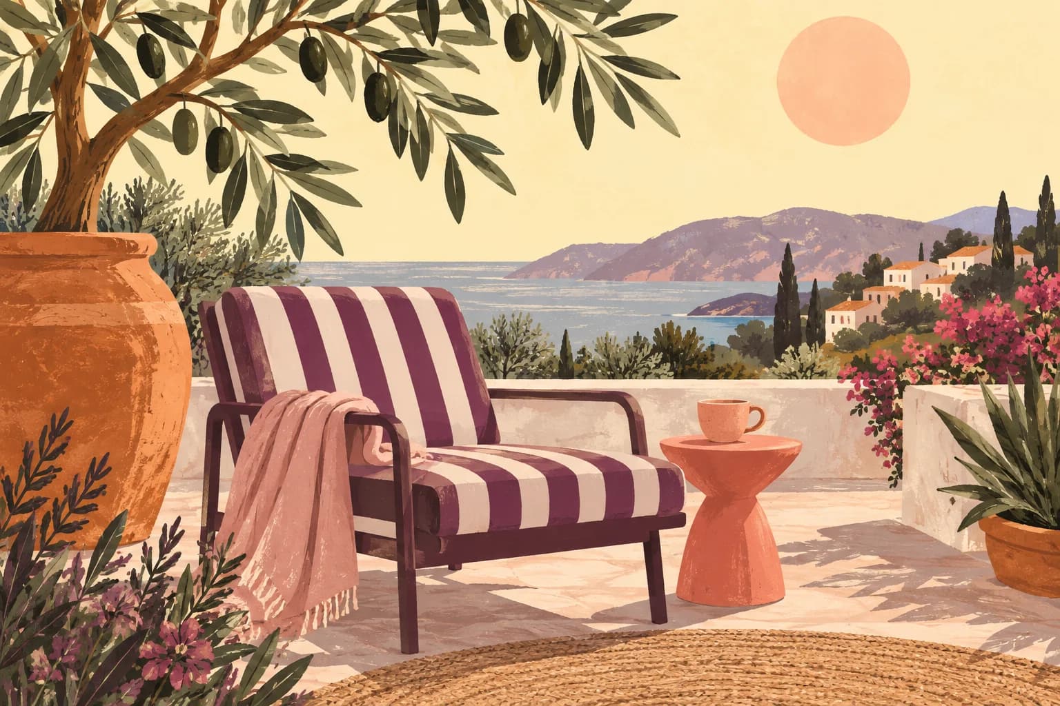 A hand-painted sunny terrace with an empty striped chair, a cup and olive branches